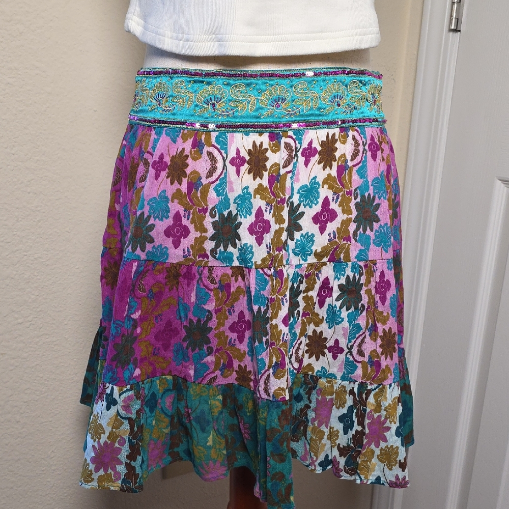 Vintage Y2K DKNY Floral Cotton Multicolor Mini Tiered Skirt